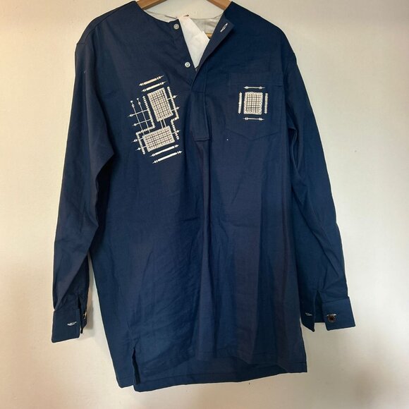 Chemise Traditionnelle en Coton Marine avec Broderies - Picture 2 of 3